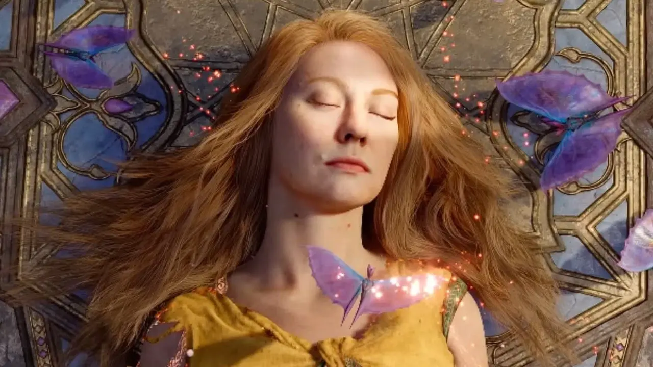 Close-up of Freya from God of War lying with eyes closed, surrounded by purple butterflies