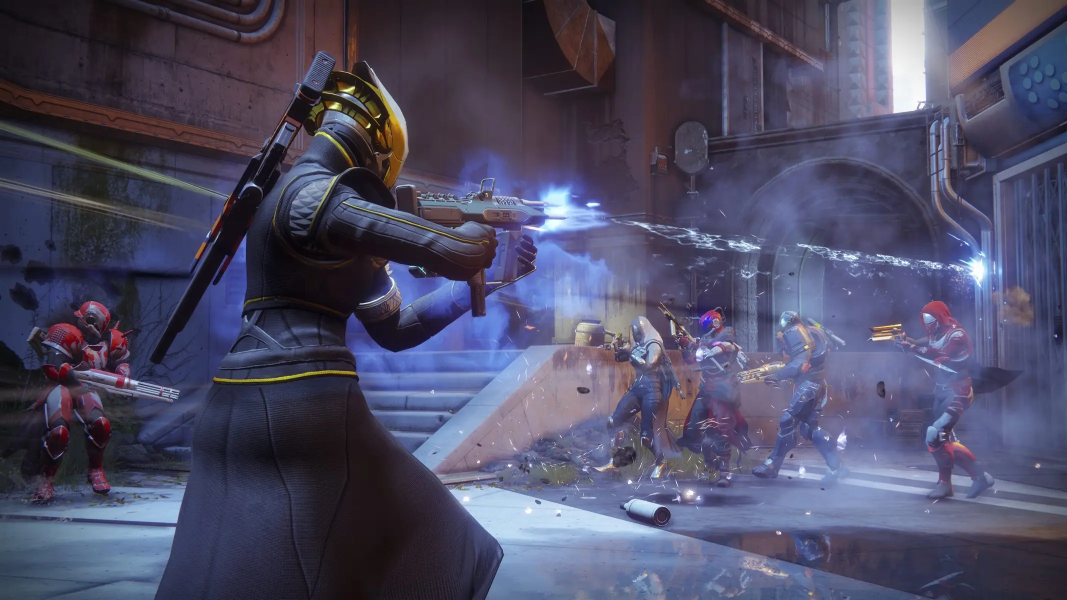 A player character firing a weapon in a Destiny 2 environment with enemies in action.