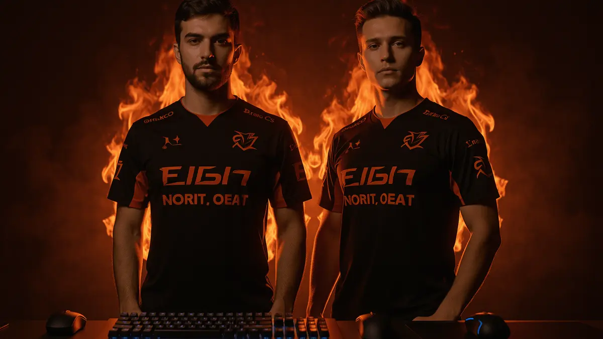 Two CS2 esports players in team jerseys with dramatic orange flame lighting in professional gaming setup