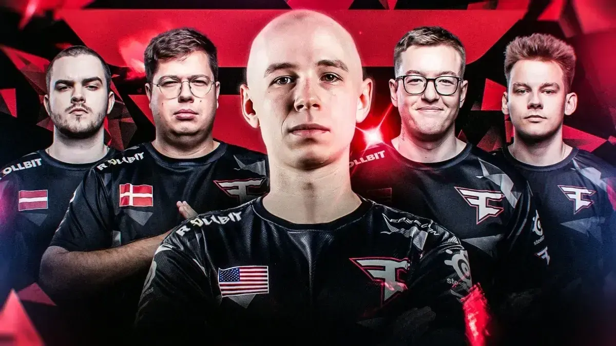 FaZe Clan CS2 team members posing together, sporting team jerseys.