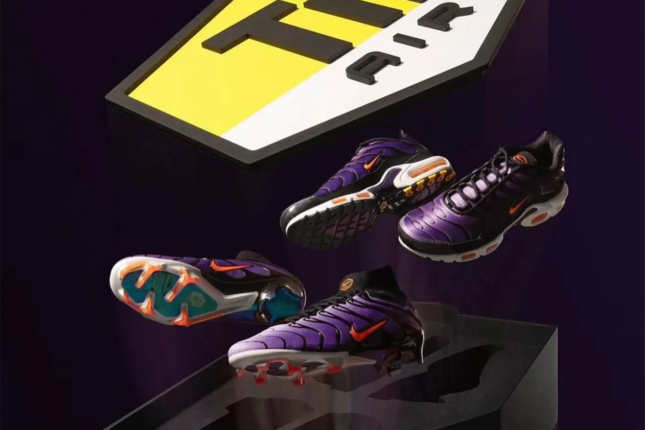Pair of purple Nike football boots and matching Nike Air Max Plus sneakers against a dark purple background