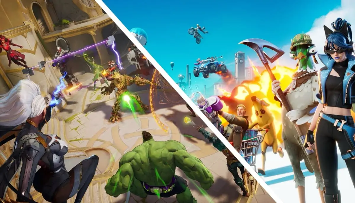 Fortnite and Marvel characters engaged in a battle scene.