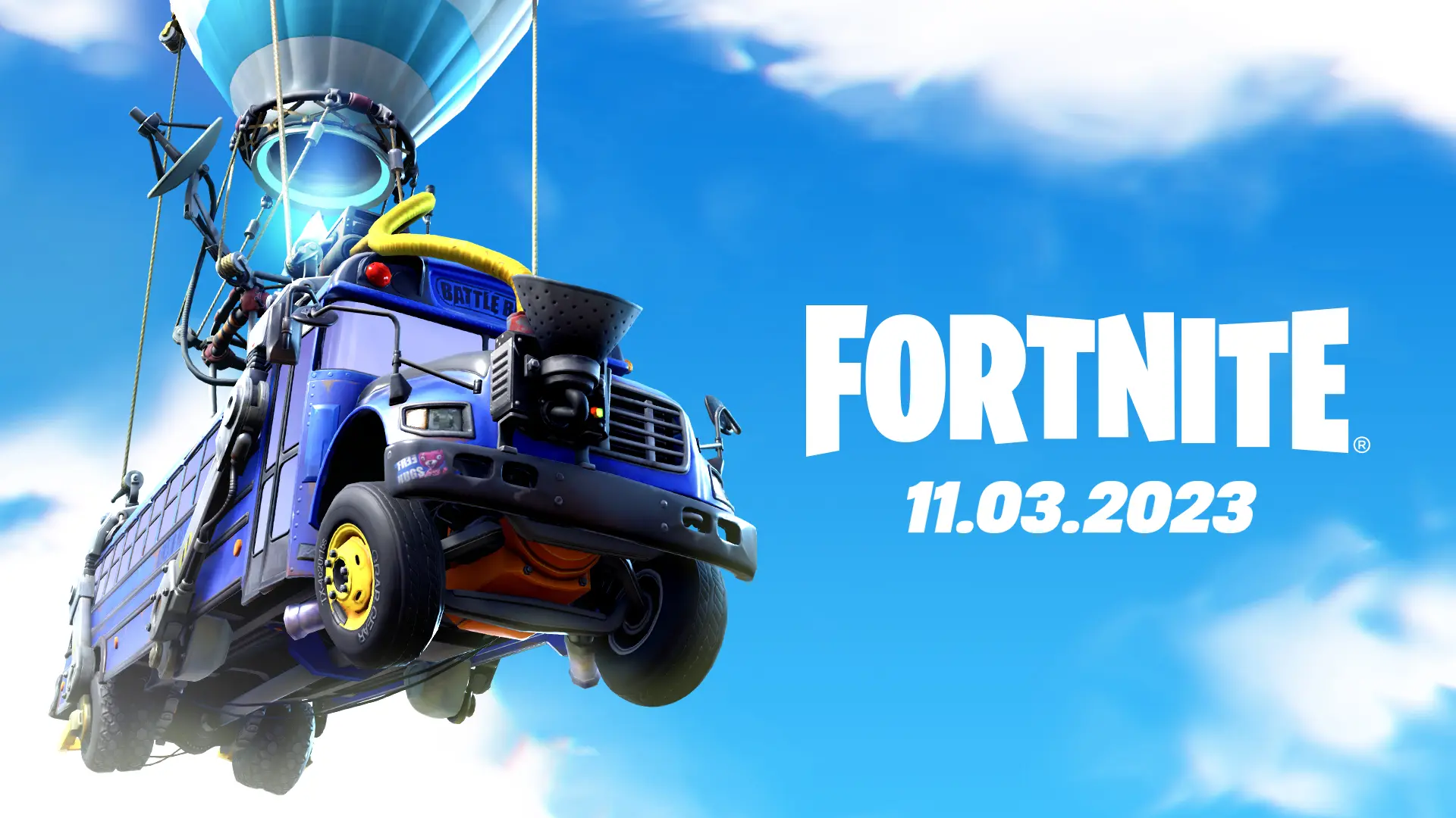 The Battle Bus from Fortnite soaring through a bright sky with a date.