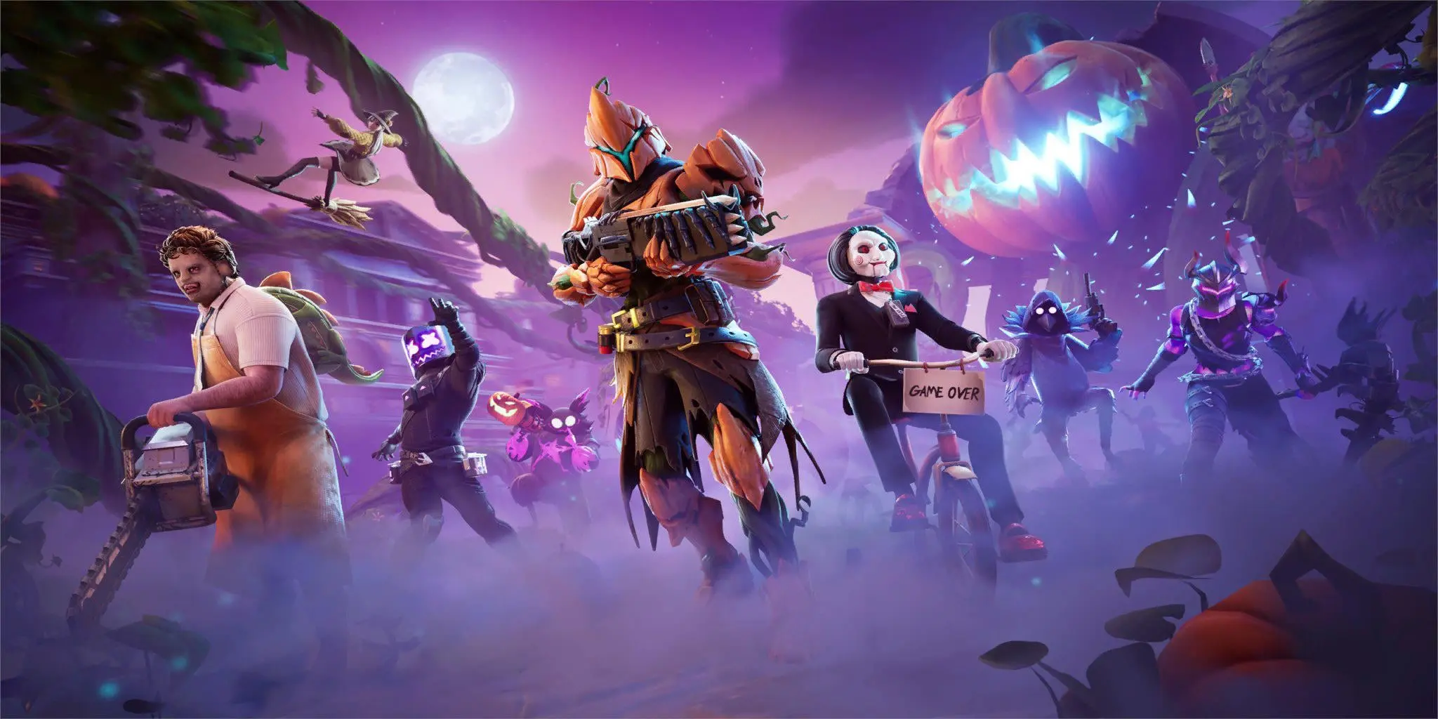 Fortnite characters in Halloween costumes with a spooky backdrop.