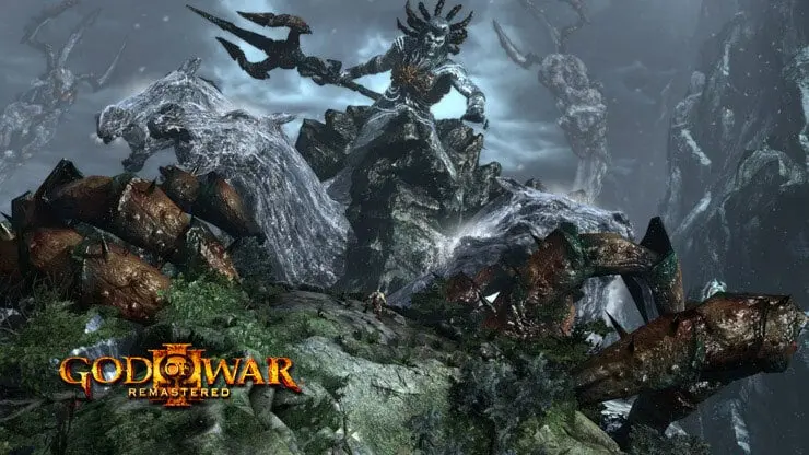 Kratos facing a giant stone statue of Poseidon in God of War III Remastered