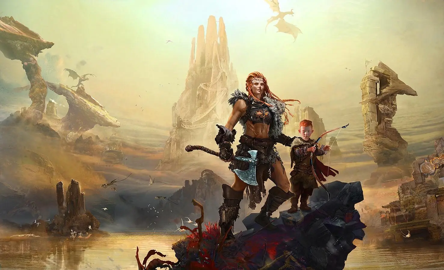 Concept art of Faye and young Atreus standing atop a rock in a mythical landscape from God of War
