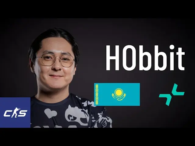 Professional esports player HObbit with flag of Kazakhstan and logo.