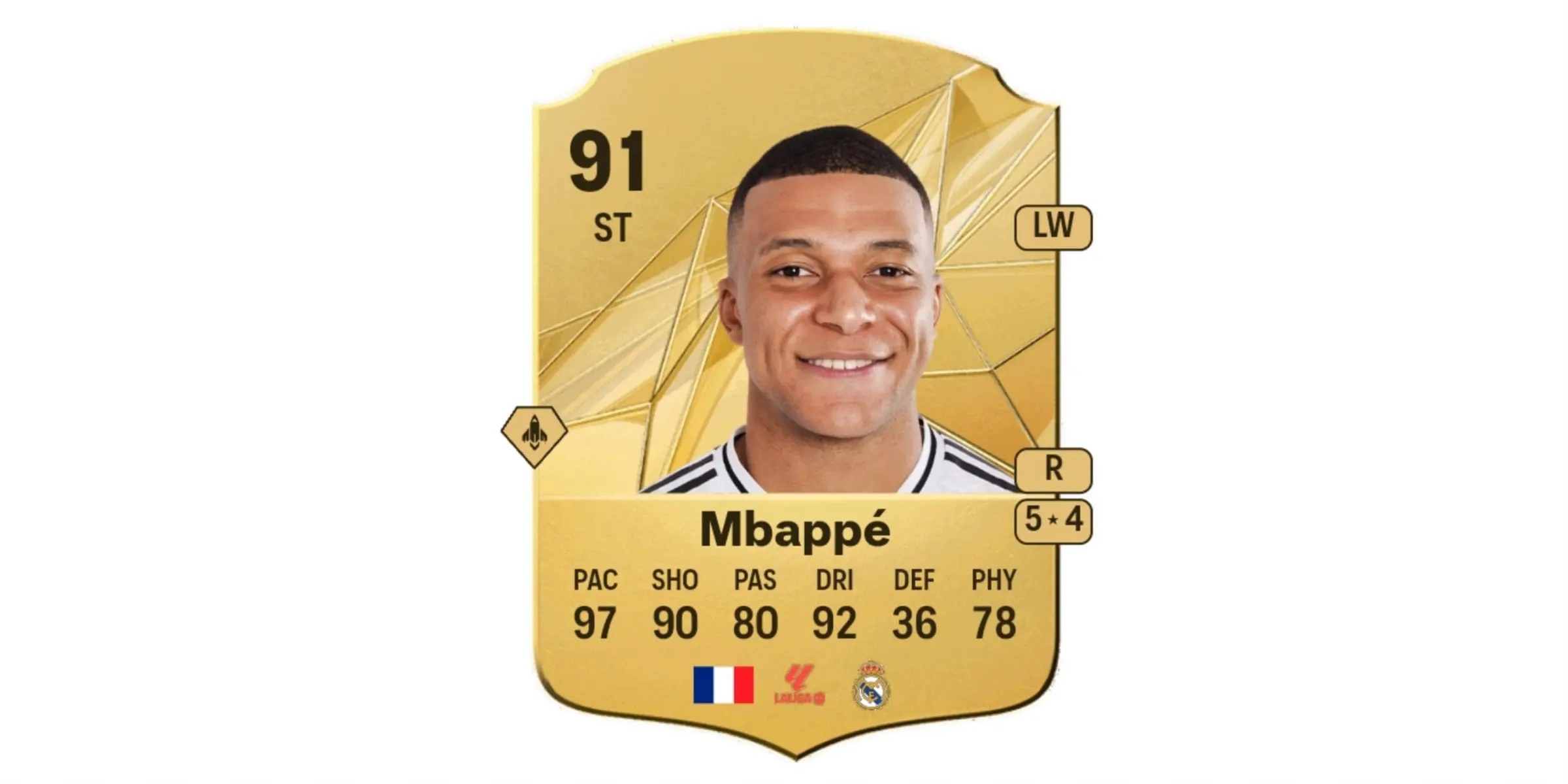 EA Sports FC 25 Ultimate Team gold card for Kylian Mbappé featuring a 91 overall rating and Real Madrid logo