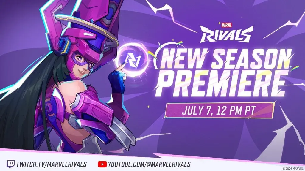 Promotional image for Marvel Rivals featuring a character with purple armor.