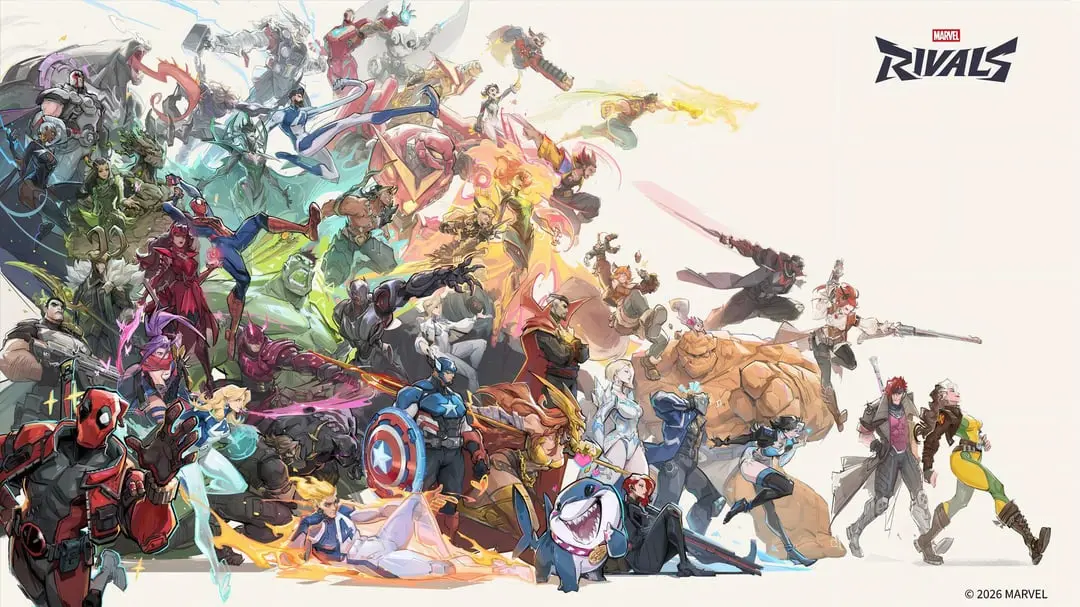 Key art featuring numerous Marvel heroes and villains from Marvel Rivals 2025.
