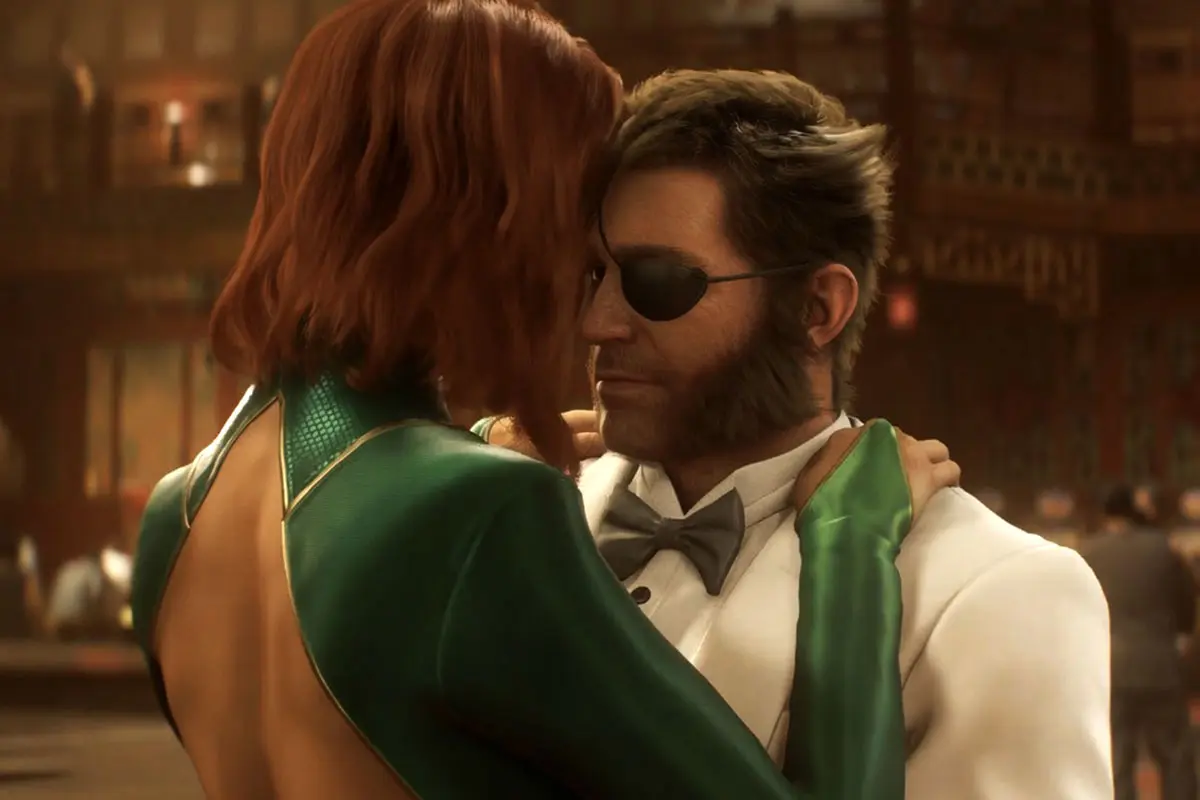 Wolverine wearing a white tuxedo and eyepatch dancing with Jean Grey in her green costume.