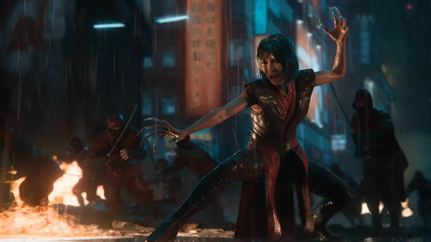 A woman with long metal claws on her fingers crouching in a rain-slicked city street surrounded by ninjas.