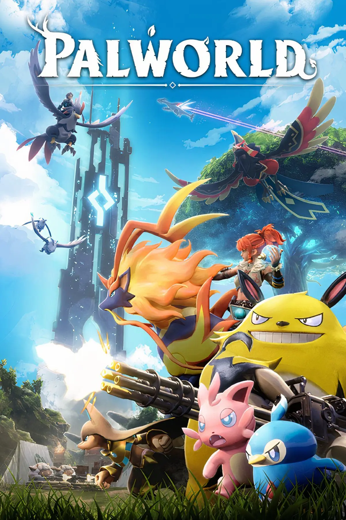 Character and creatures from Palworld with weapons in a vibrant landscape.