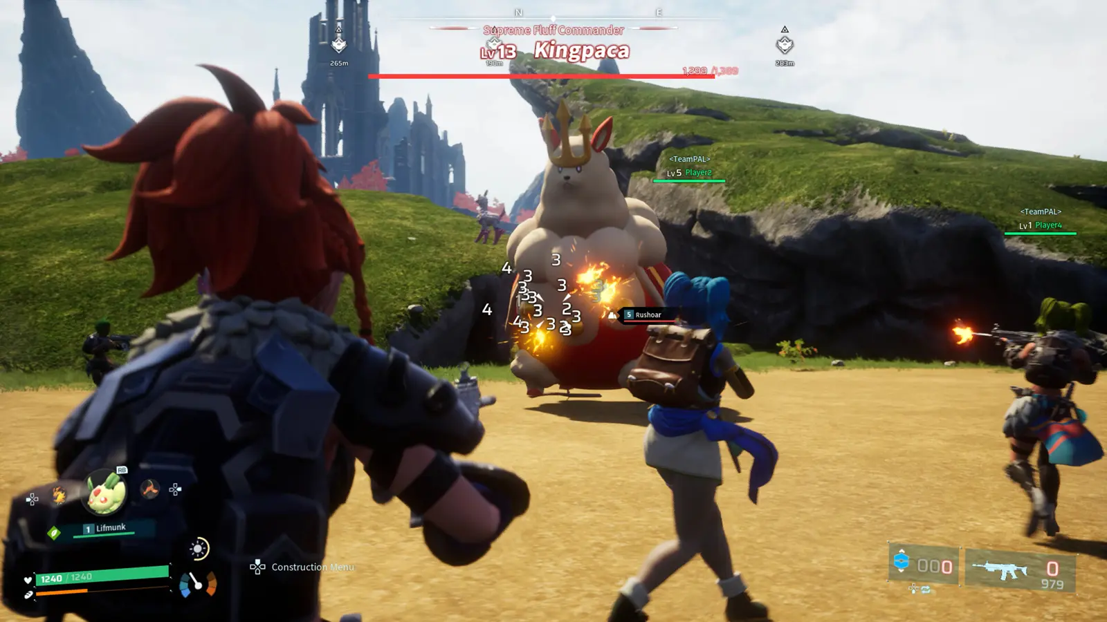 Gameplay screenshot showing characters attacking a creature called Kingpaca in Palworld.