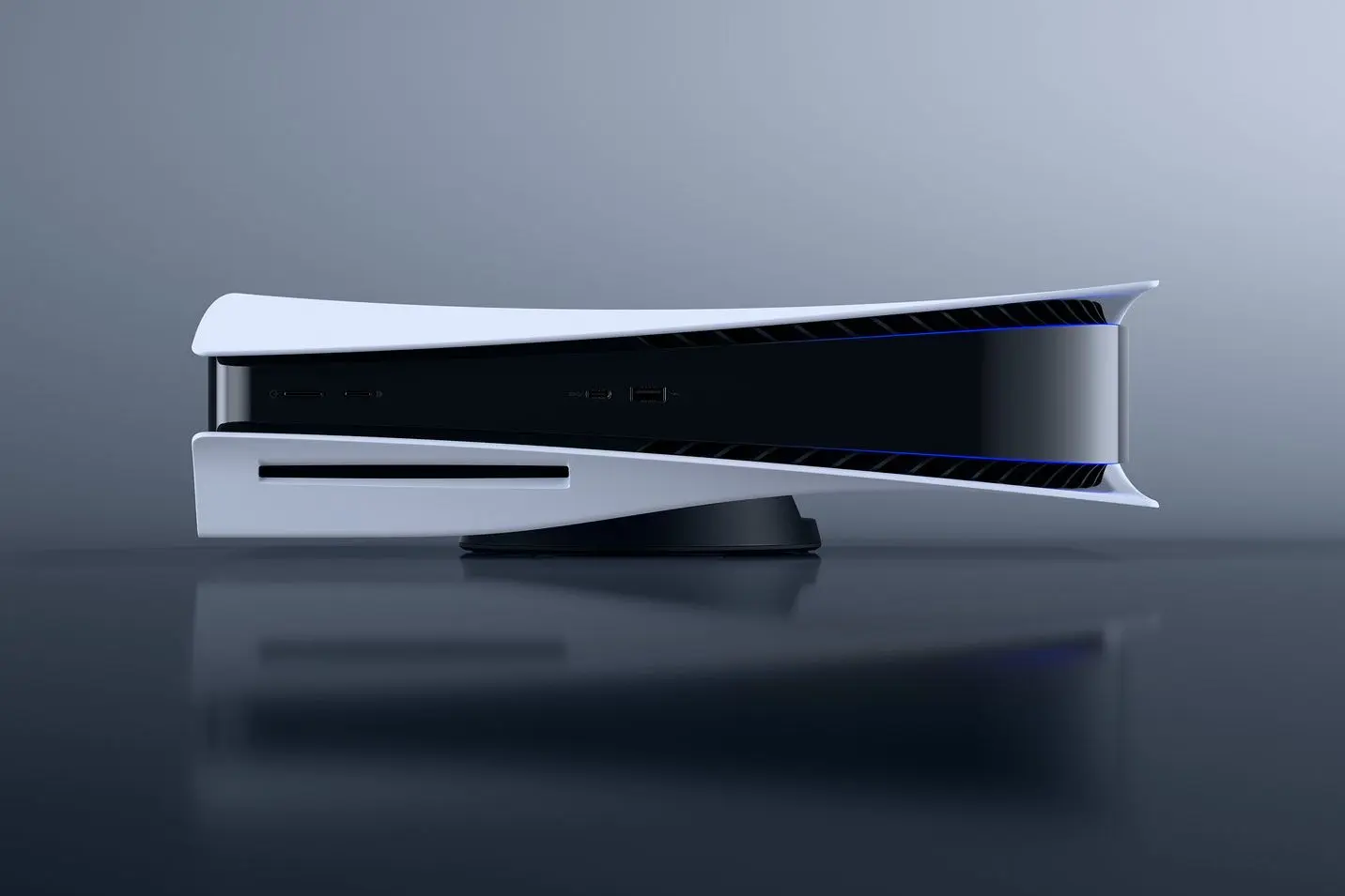 Side view of a white PlayStation 5 disc edition console resting on its stand against a grey background