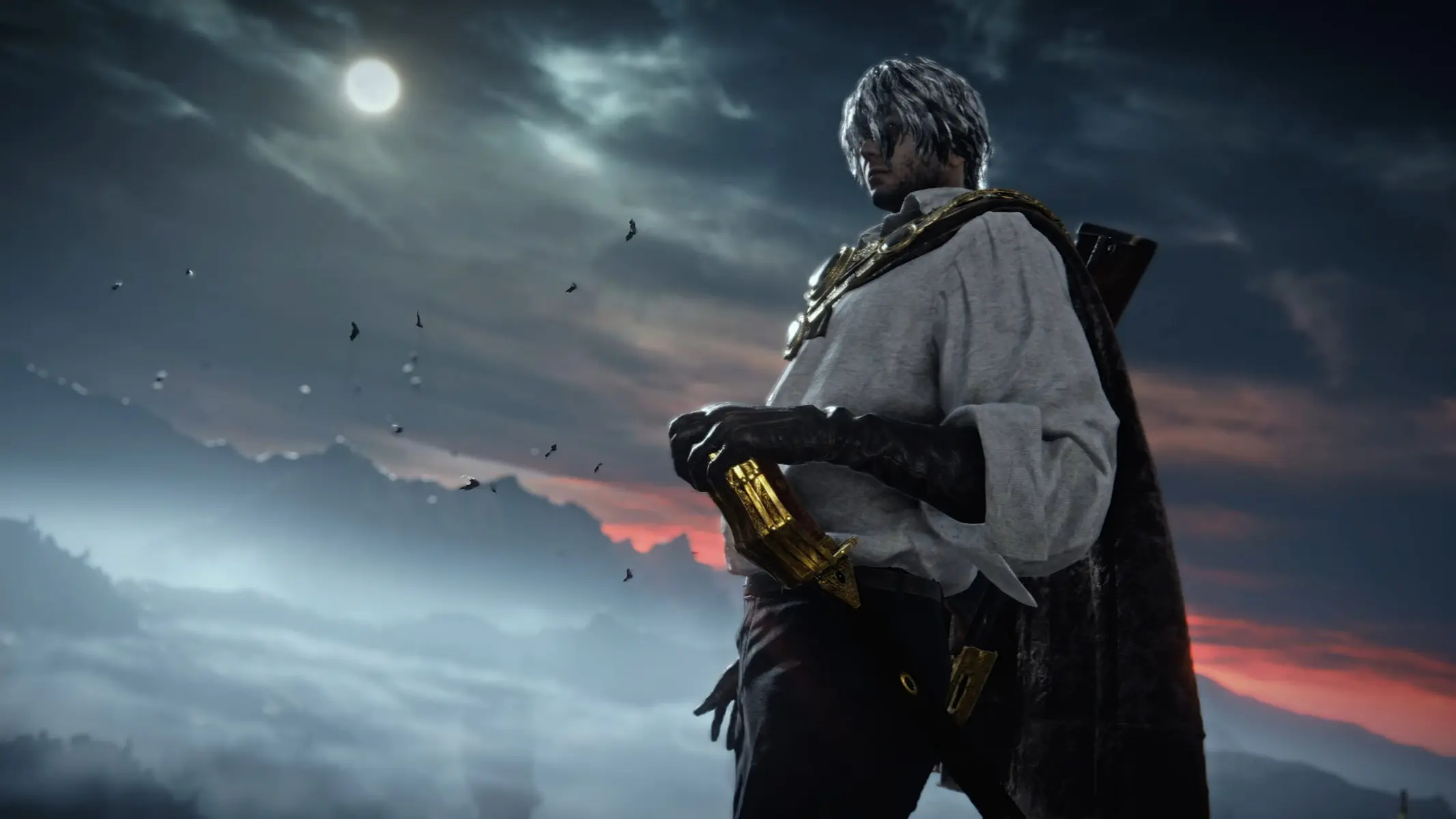 A character with silver hair in a dark landscape against a dramatic dusk sky.