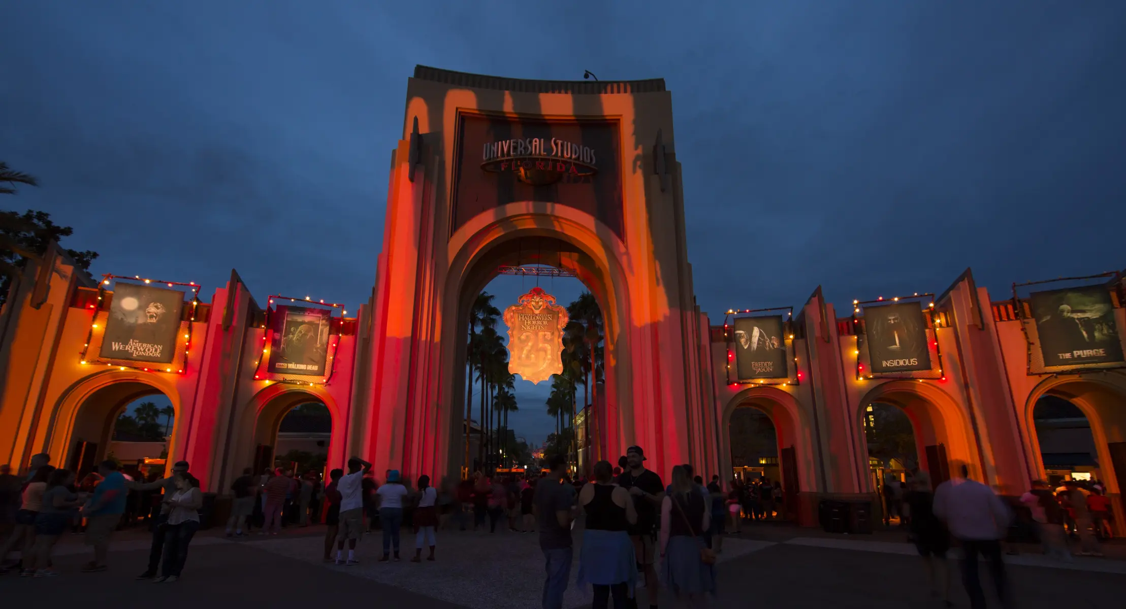 Entrance to Universal Orlando Halloween Horror Nights, featuring themed decorations.