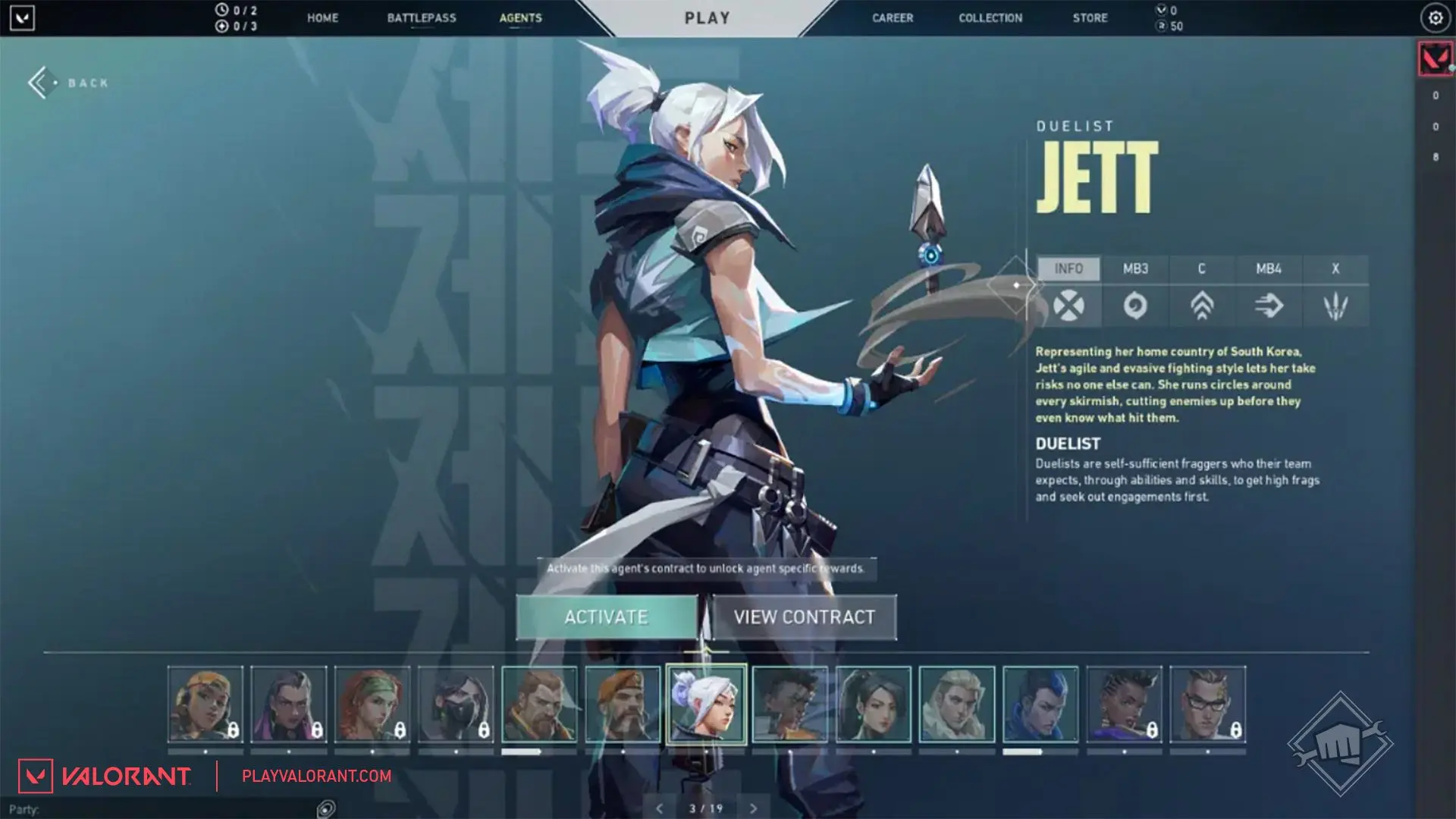 VALORANT Mobile gameplay screen featuring the character Jett and agent selection.