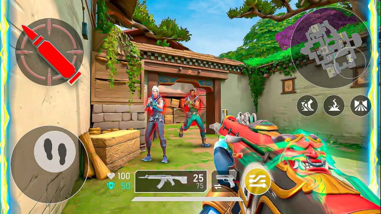 First-person view of VALORANT Mobile gameplay featuring a stylized weapon and characters on a sunny map.