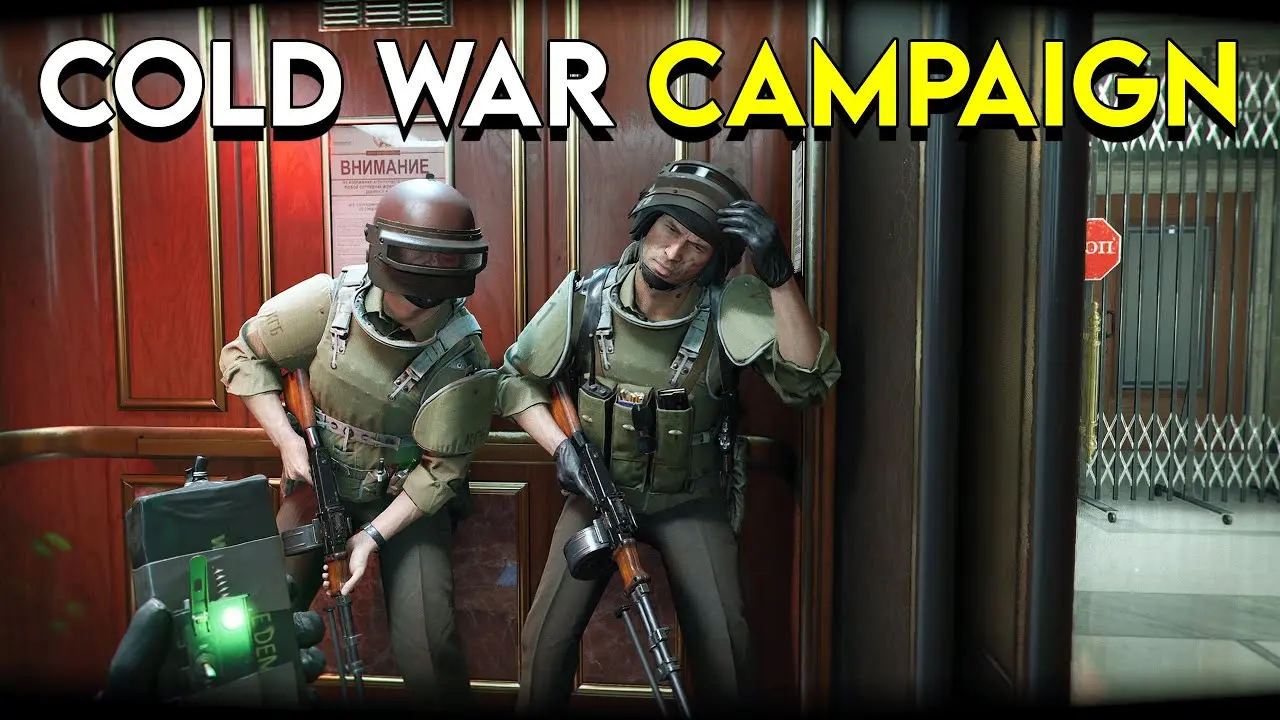 Two Soviet guards in tactical gear and helmets standing in a hallway from Call of Duty Black Ops Cold War