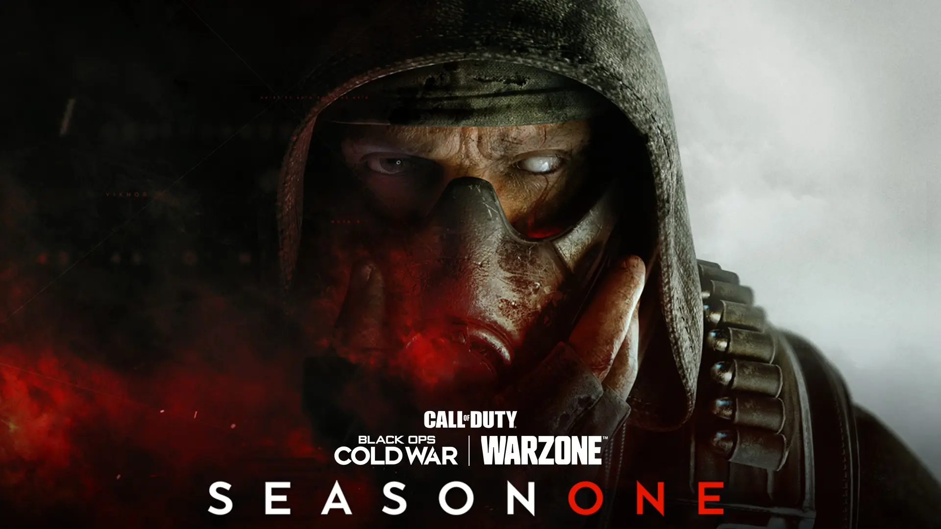 Promotional artwork for Call of Duty Black Ops Cold War Warzone Season One featuring a hooded soldier in a mask.