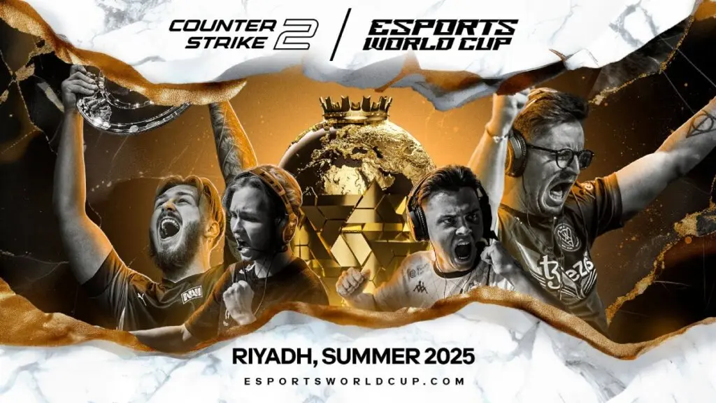 Promotional banner for the Counter-Strike 2 Esports World Cup 2025 in Riyadh featuring shouting pro players.
