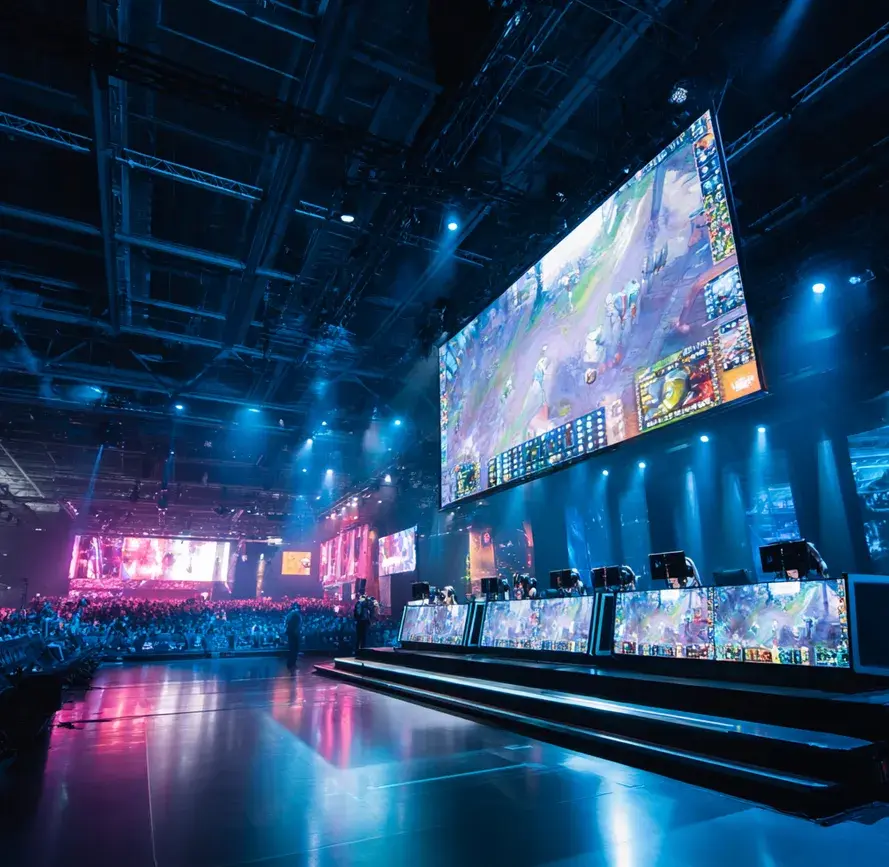 Wide shot of the Esports World Cup CS2 tournament stage with a massive LED screen showing active gameplay