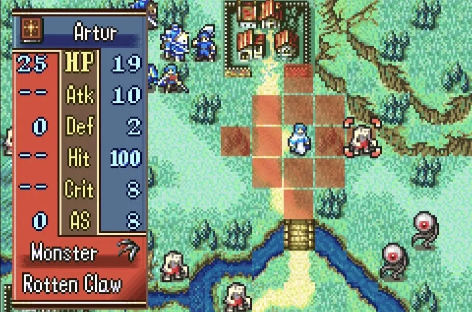 Gameplay screenshot of Fire Emblem: The Sacred Stones showing Artur's stats and movement range