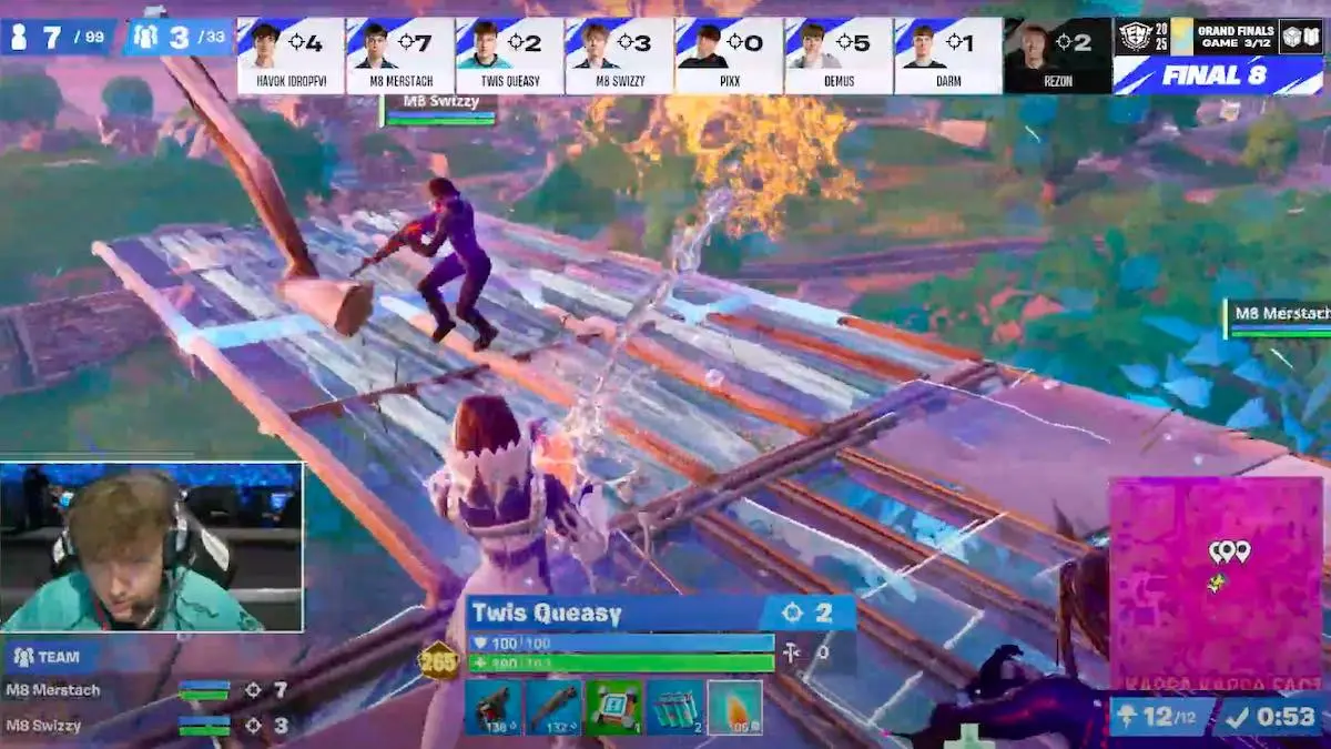 Fortnite tournament gameplay stream featuring player Twis Queasy with competitive HUD and scoreboard.