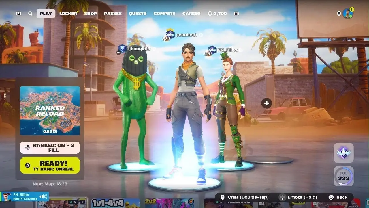 Fortnite lobby screen showing three character skins with a Ranked Reload match queue active