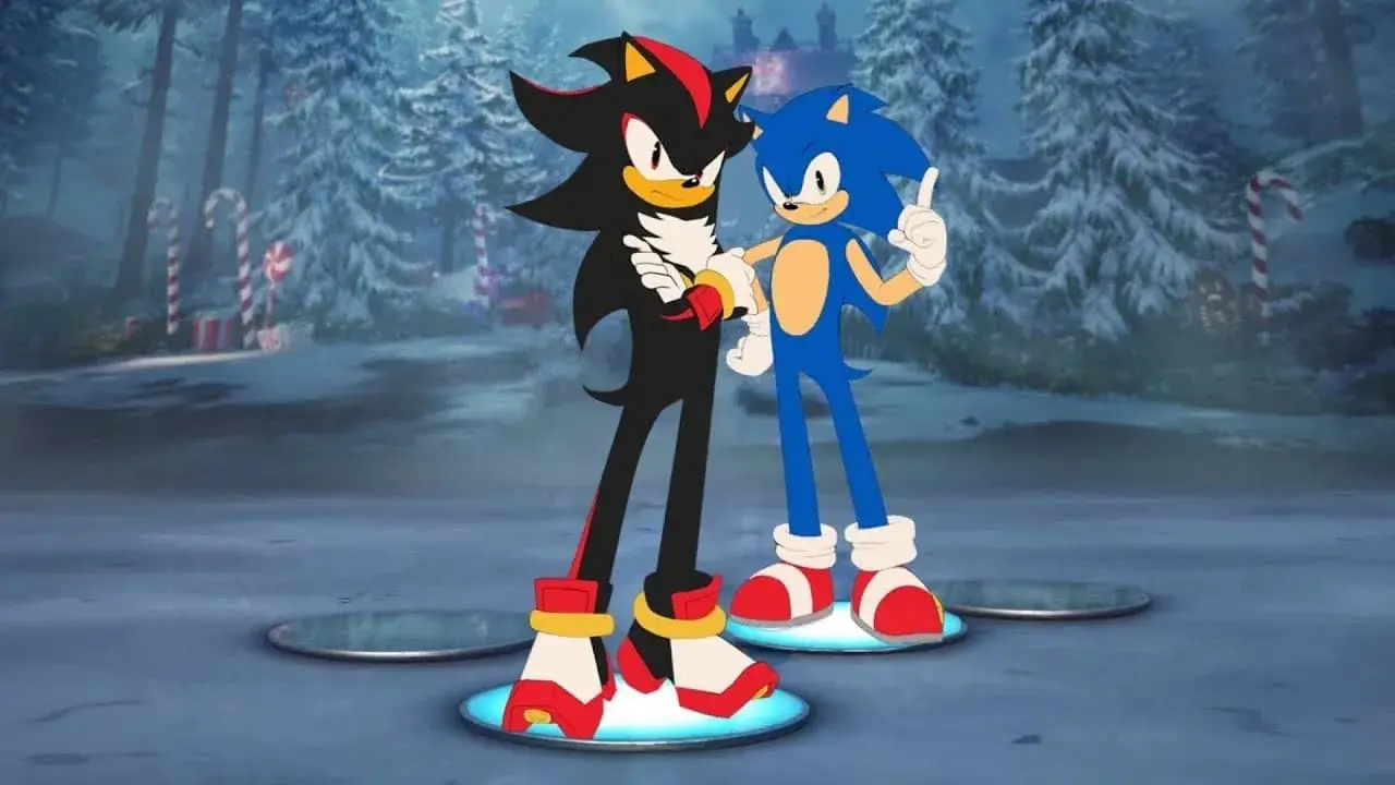 Shadow the Hedgehog and Sonic the Hedgehog character skins standing in a snowy Fortnite environment