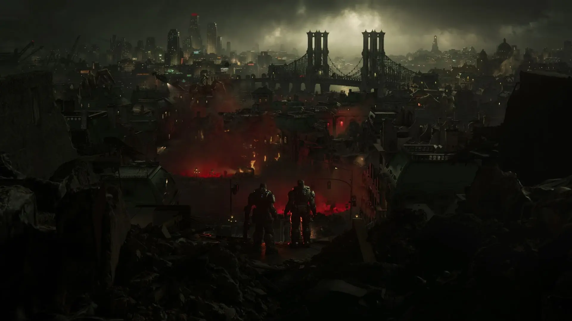 Two Gears of War soldiers standing amidst the ruins of Kalona city with a large suspension bridge in the background.