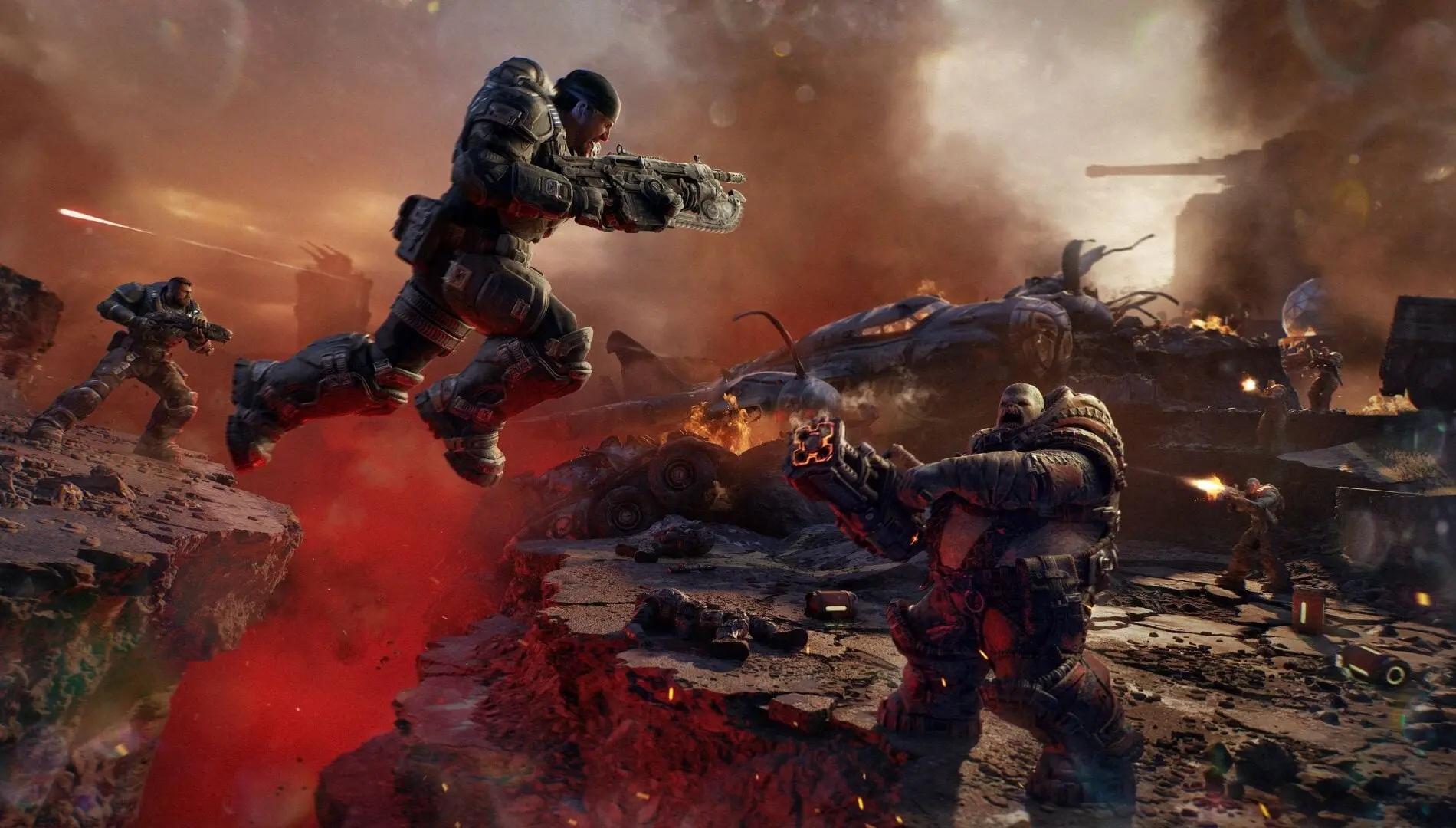 COG soldiers fighting a Locust Boomer amidst fiery rubble and smoke in Gears of War: E-Day