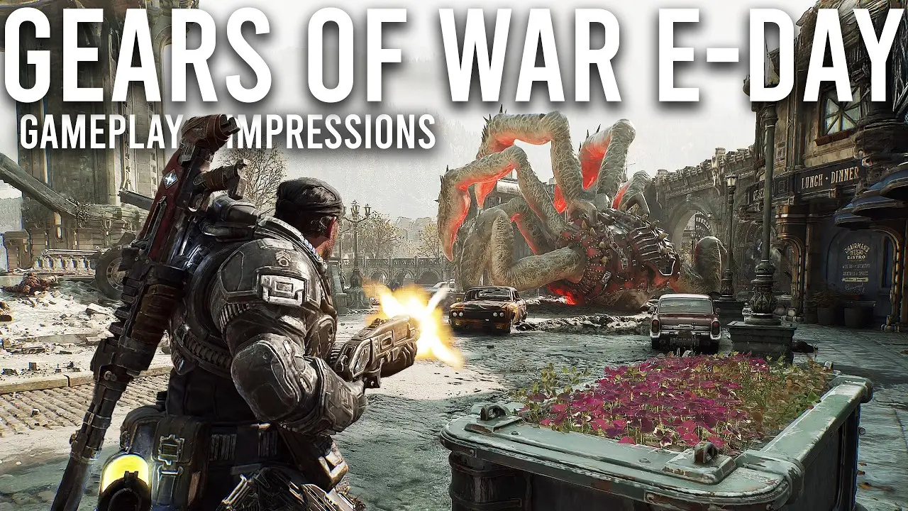 A soldier in armor firing a weapon at a massive, multi-legged monster in a ruined city street.