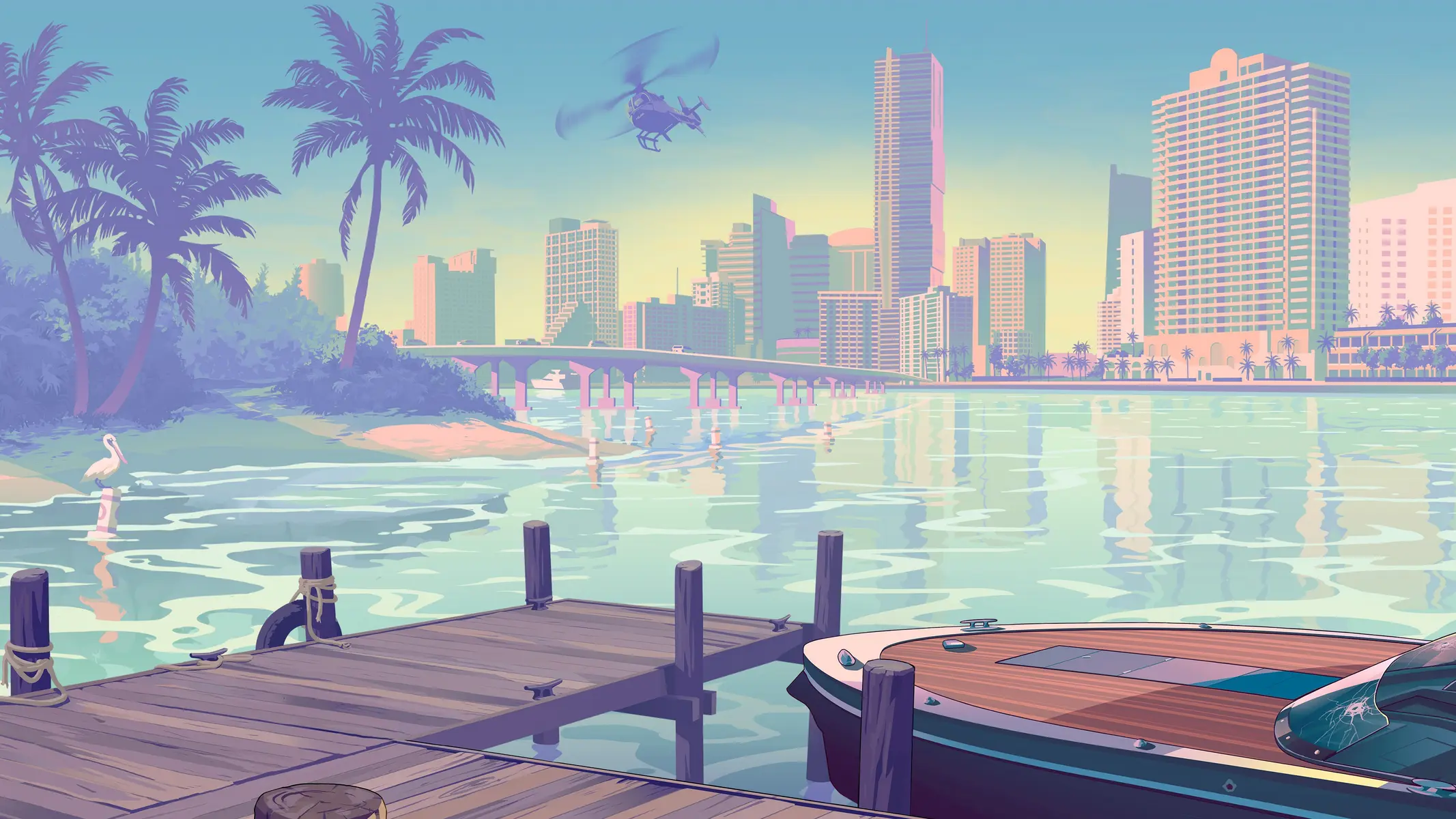 Stylized digital illustration of a tropical waterfront city with palm trees, skyscrapers, and a boat at a pier