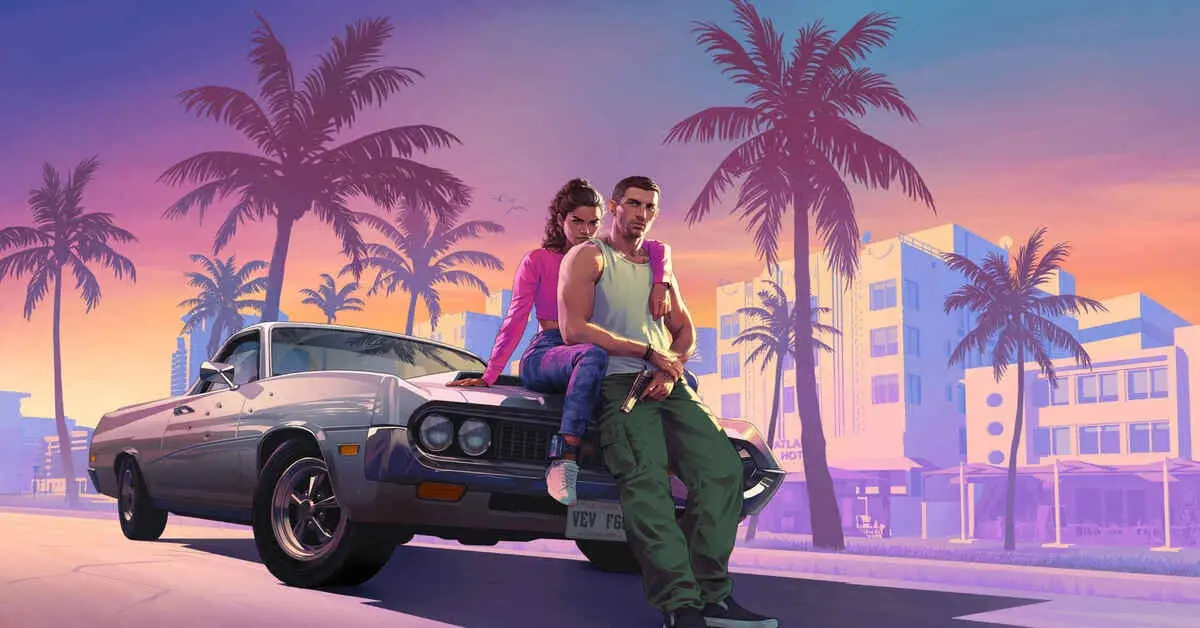 A man and woman leaning against a vintage silver muscle car with palm trees and a Miami-style city background