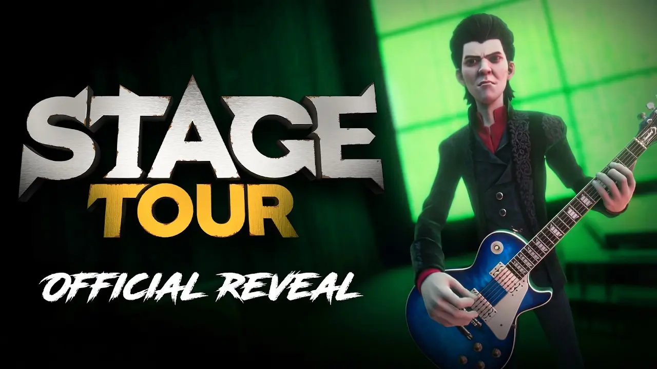 Promotional image for Stage Tour featuring a male character with a blue electric guitar