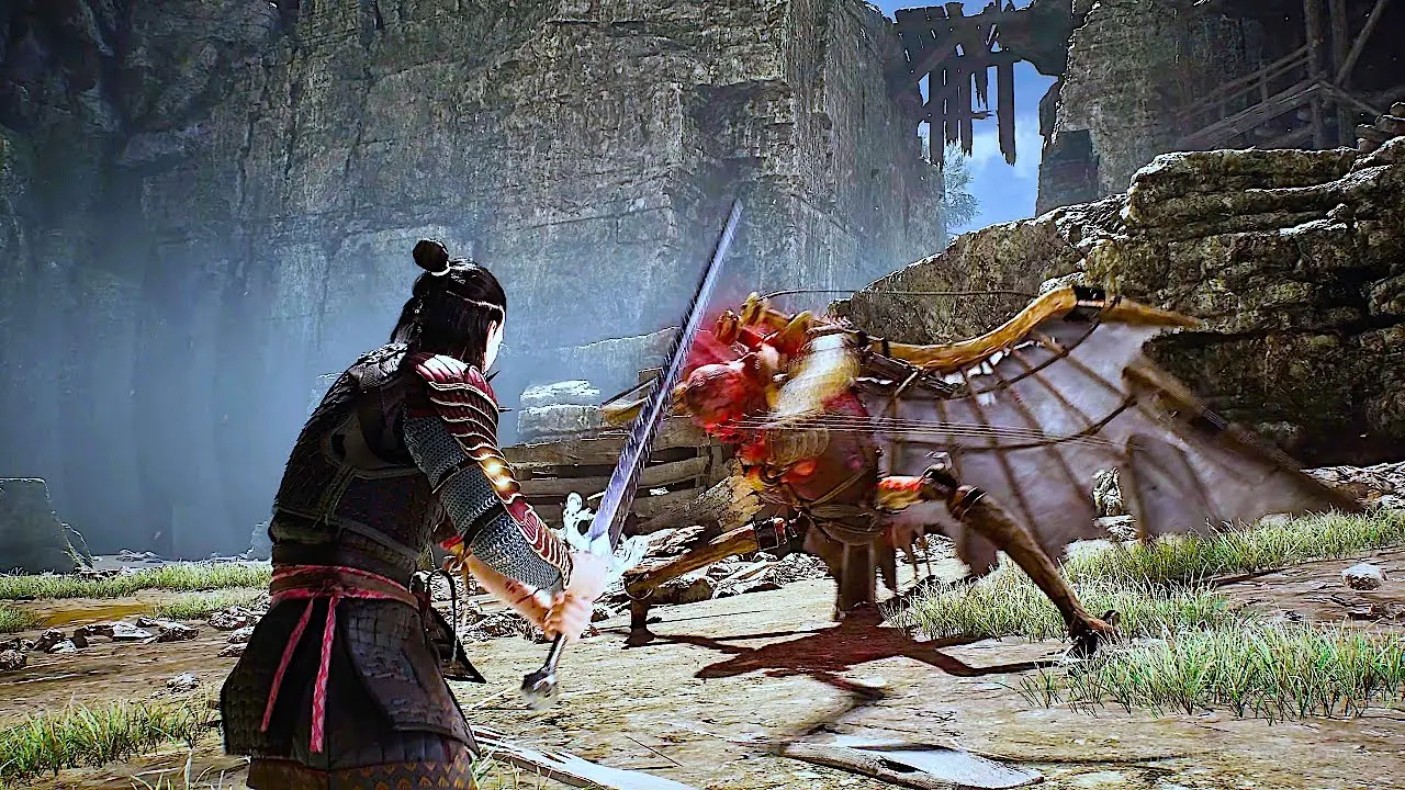 A warrior in traditional armor wielding a glowing sword against a winged monster in a rocky valley