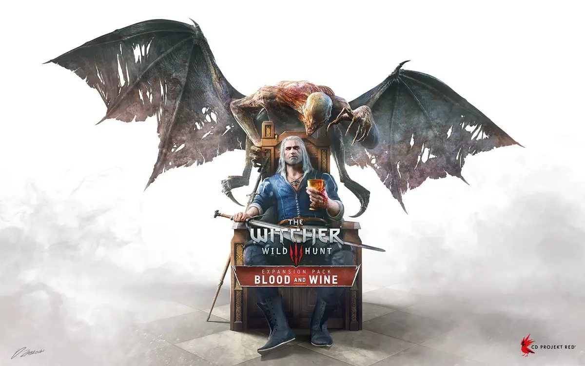 Geralt of Rivia sitting on a throne with a glass of wine, while a winged monster looms behind him.