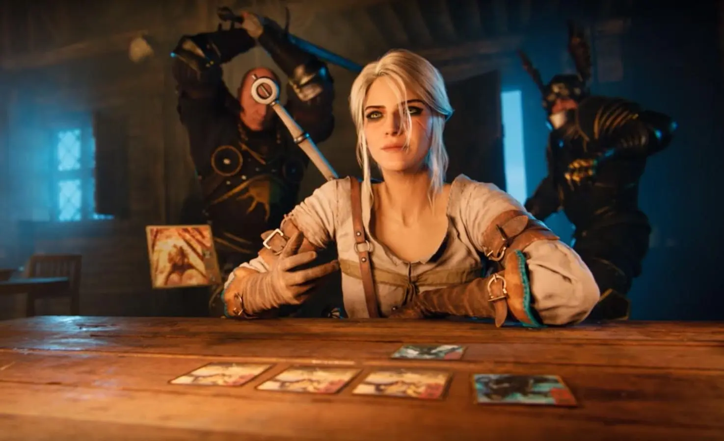 Ciri playing a game of Gwent at a wooden table with soldiers standing behind her