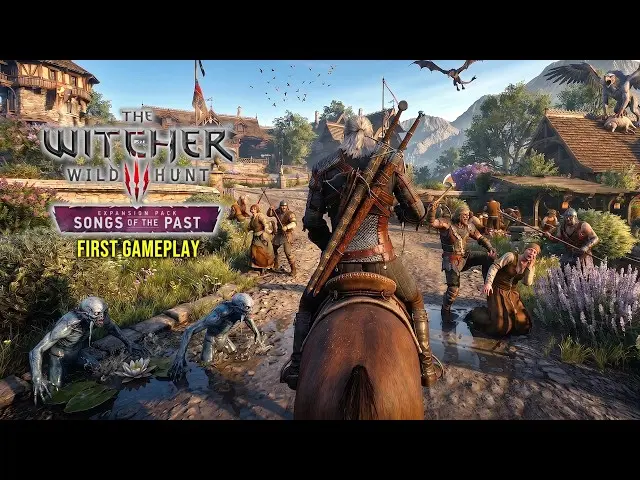 Geralt on horseback facing monsters and villagers in a village from The Witcher 3 Songs of the Past gameplay