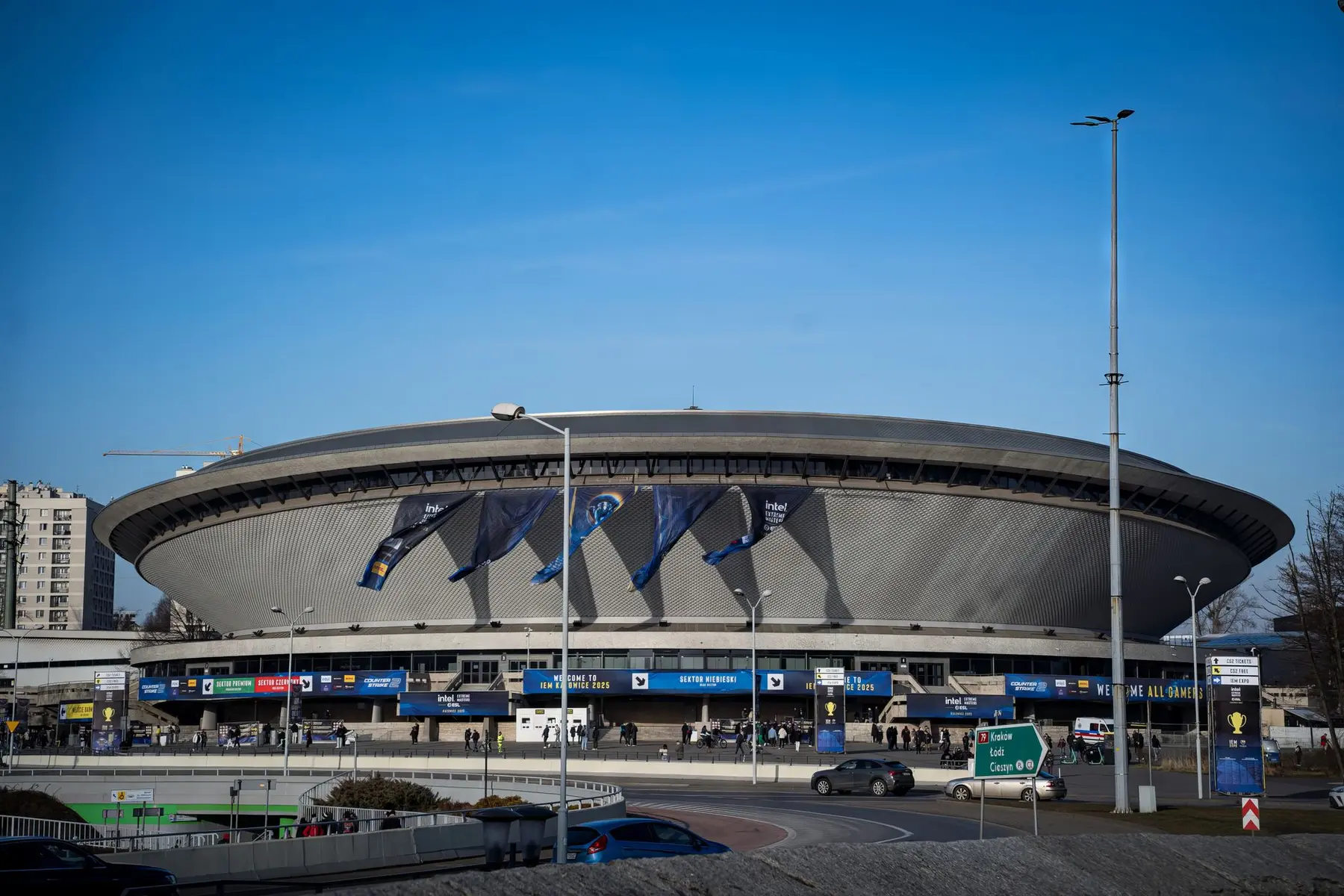 Exterior view of the Spodek arena in Katowice decorated with Intel Extreme Masters banners
