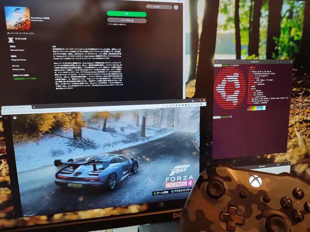 The Xbox Cloud Gaming interface displaying Forza Horizon 4 on a computer monitor with a controller in the foreground.