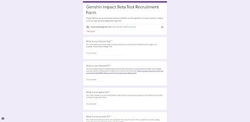 Genshin impact 2.3 beta test recruitment form