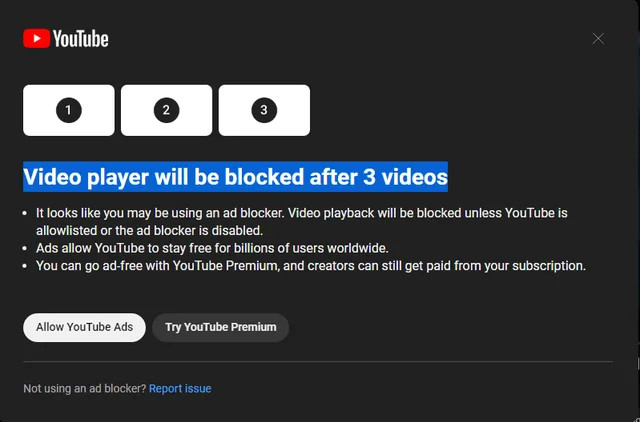video player blocked 3 videos youtube bypass adblock popupo