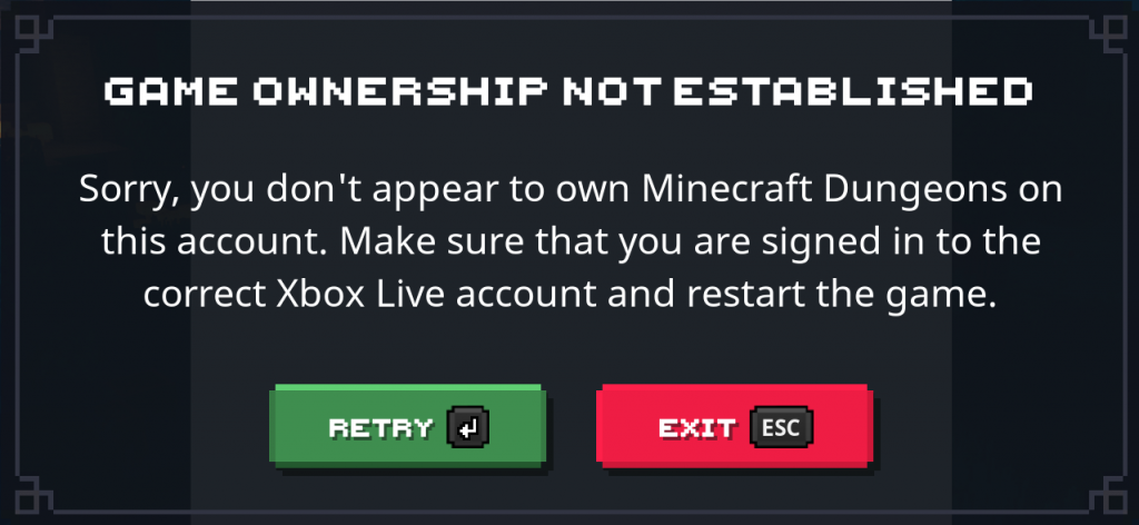 Minecraft Microsoft error game ownership