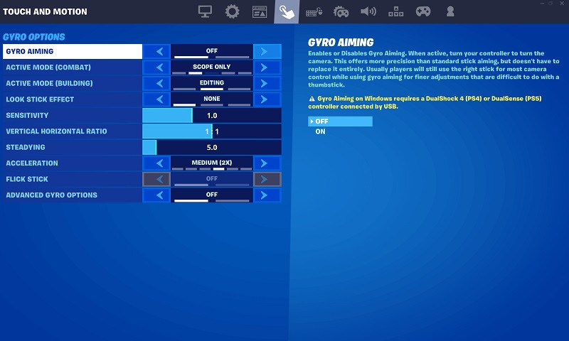 Fortnite Gyro Aiming motion controls setting how to enable PC playstation xbox Switch Epic Games