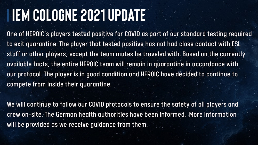 Heroic player positive COVID-19 test IEM Cologne 2021