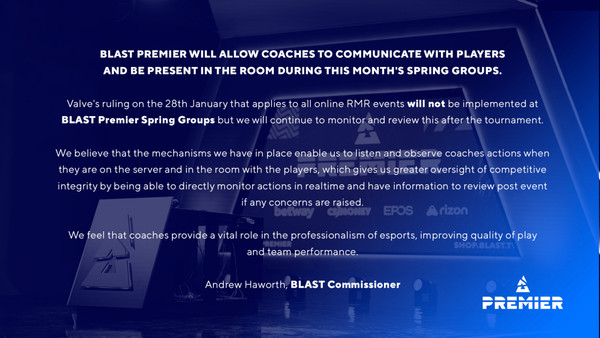 BLAST Premier Spring Groups CS:GO coaches Valve ruling