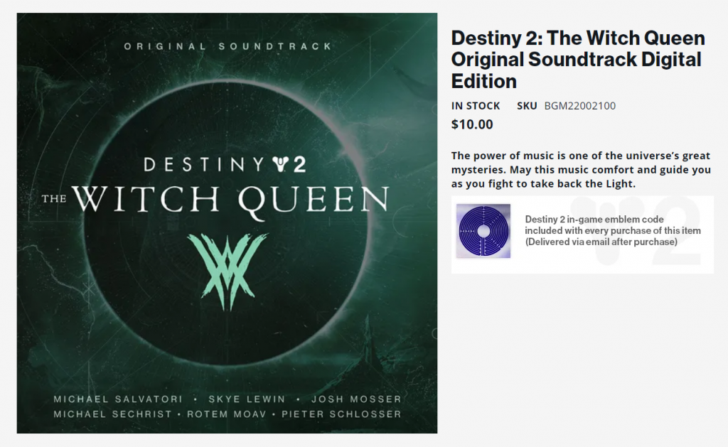 Destiny 2: The Witch Queen Original Soundtrack Digital Edition costs $10